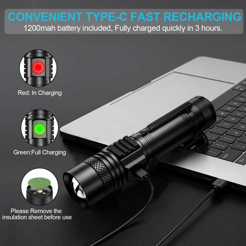 Beast Bright LED Flashlight With Magnetic Tail COB Sidelight Zoomable Beam charging via USB-C on laptop for camping
