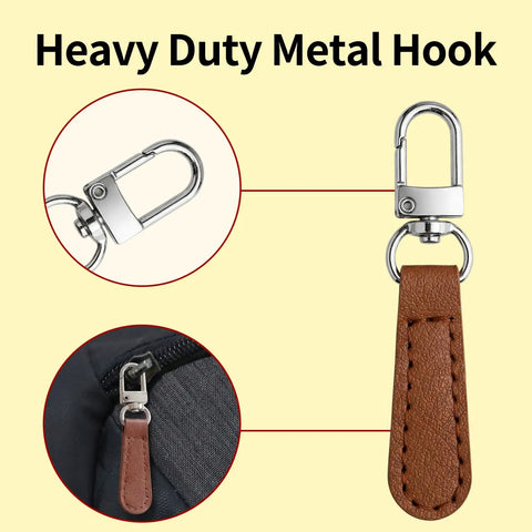 Leather Zipper Pull Replacement Kit With Detachable Clips 16Pcs Assorted Colors Easy Tool Free Install For Luggage Backpacks Jackets Purses Universal Fixer Great For Quick DIY Gear Repair On The Go displayed with metal hook detail.