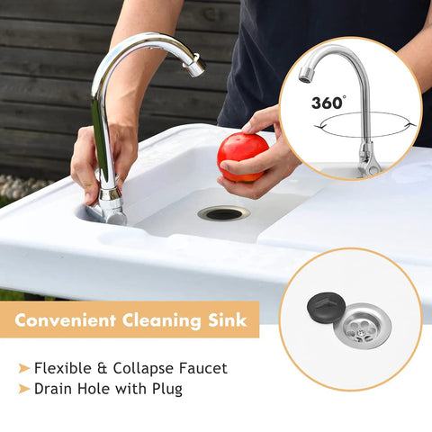Person using Portable Outdoor Fish Cleaning Table With Sink And Sprayer, featuring 360 degree faucet and drain hose.