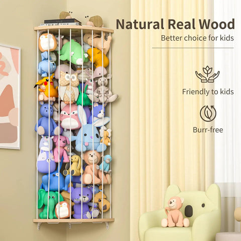 Wood Corner Stuffed Animal Storage Organizer With Star Pattern Adjustable Hanging Toy Shelf For Nursery Playroom Bedroom Kid Room Large Capacity Durable Wood Toy Holder filled with plush toys