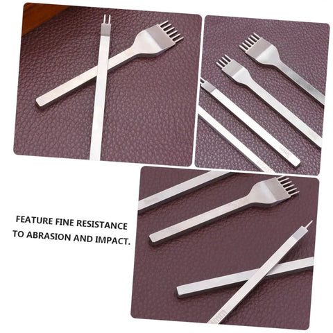 8-Piece Leather Craft Tool Kit with sharp rhombus-tooth punches on leather surface, pro-grade high-strength steel tools.