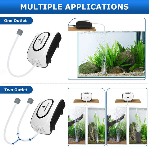 Amazon Fishkeeper aquarium air pump, 3W/5W, white compact pump with dual outlets, hoses, check valve and Y-splitter.