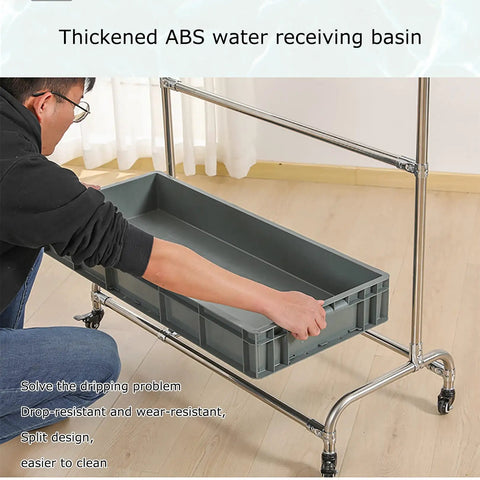 Movable Broom And Mop Rack Cart With Wheels For Cleaning Tools featuring stainless steel frame and ABS basin