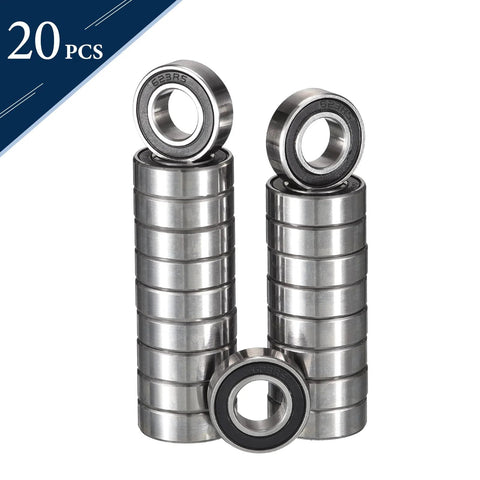 Front view: Twenty 623-2RS deep groove ball bearings, 3x10x4 mm, chrome steel with double rubber seals, pre-lubricated