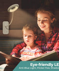 Clip On Reading Light For Bed Headboard With Rechargeable Battery USB C Charging Five Color Options And Five Brightness Levels Flexible Neck LED Night Lamp Eye Protect Desk Light For Kids And Dorm illuminating a child reading with a parent.