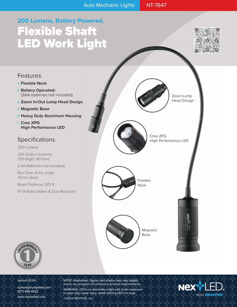 Diagram of 20 Inch Gooseneck LED Light With Magnetic Base, Zoomable Lens, Cree LED, IP54 Waterproof, Flexible Work Lamp Built For Garage, Auto Repair, Grill And Inspection, showing features.