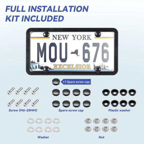 Clear License Plate Cover And Frame Set For Any Ride Universal Protector Two Pack With Rust Proof ABS Build Includes Screws And Caps Weatherproof And Durable Car Plate Shield shown with full installation kit.