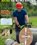 Man using gas powered chainsaw for farm and ranch use, cutting large log, demonstrating heavy duty wood cutting beast with 58cc 3.6 HP