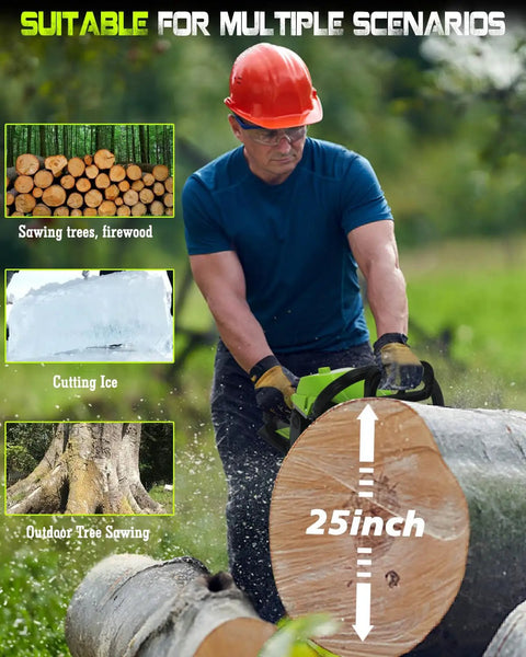Man using gas powered chainsaw for farm and ranch use, cutting large log, demonstrating heavy duty wood cutting beast with 58cc 3.6 HP