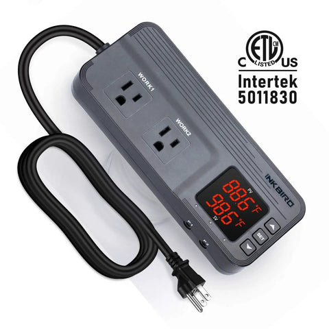 ITC-608T Temperature Controller With Dual Sensors And Dual Stage Outlet Thermostat, gray body, ETL listed, black cord
