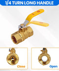 Heavy Duty Full Port Brass Ball Valve 3/4 Inch Threaded Pipe Fitting For Water Air Oil And Gas Built Tough As Nails Corrosion Resistant Workhorse For No Fuss Operation Single Pack, showing open and close positions.