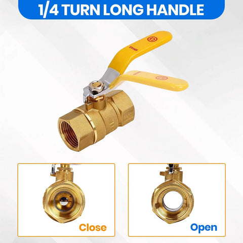 Heavy Duty Full Port Brass Ball Valve 3/4 Inch Threaded Pipe Fitting For Water Air Oil And Gas Built Tough As Nails Corrosion Resistant Workhorse For No Fuss Operation Single Pack, showing open and close positions.
