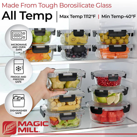 Borosilicate Glass Food Storage Containers Set With Lids For Grab And Go Lunches 24 Piece Bundle Including 12 Bowls And 12 Airtight Lids stacked in fridge