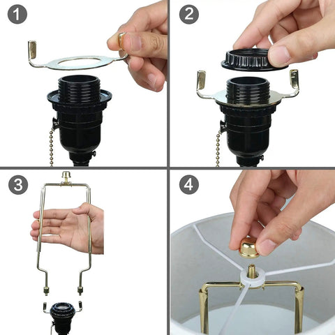 Go To Adjustable Lamp Shade Harp Holder Kit For 7 To 10 Inch Lampshades, Universal IP Fit assembly steps, black horn frame.