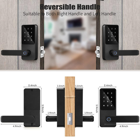Fingerprint Keyless Entry Door Lock With Reversible Handle, Touchscreen Keypad, And Smart Lock With App, showing both handle sides.