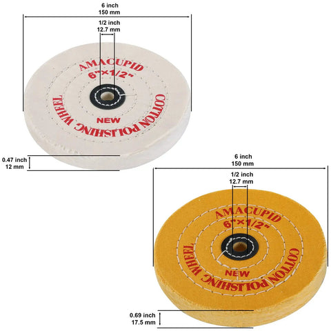 Premium 6 Inch Cotton Buffing Wheel Kit For Bench Grinders And Polishers featuring white and yellow wheels with 1/2 inch arbor.