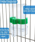 Hassle Free Bird Feeder And Water Dispenser Set Featuring Clear Acrylic Jar And Secure Perch For Parakeets Budgies And Lovebirds, bird water dispenser in a wire cage.