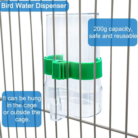 Hassle Free Bird Feeder And Water Dispenser Set Featuring Clear Acrylic Jar And Secure Perch For Parakeets Budgies And Lovebirds, bird water dispenser in a wire cage.