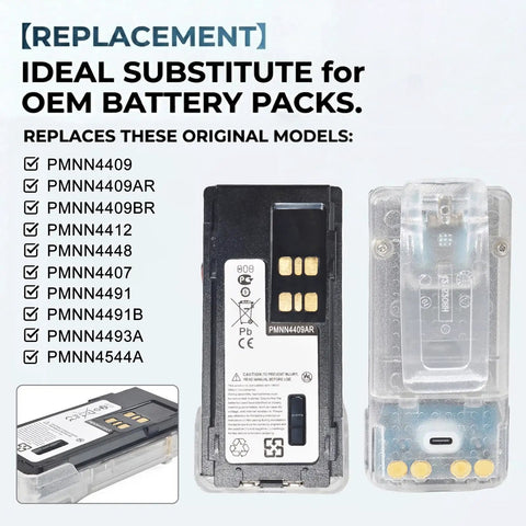 Top Notch Transparent Battery Case For Motorola Two Way Radios Featuring Type C Fast Charging, showing clear and detailed replacement for OEM battery packs.