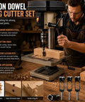 Heavy Duty Wood Tenon Plug Cutter And Three Quarter Inch Dowel Maker Drill Bit Featuring Slick Shear Angle Tips No Fuss Design Hardened Steel in use, cutting smooth wooden plugs.
