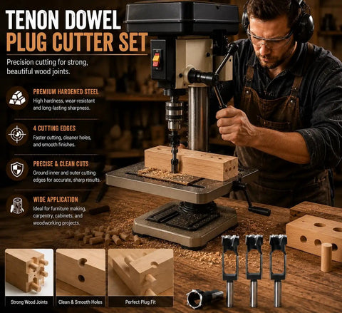 Heavy Duty 7/8 Inch Wood Tenon Dowel Plug Cutter And Plug Maker Tool For Carpentry Projects featuring hardened steel, cutting wood joints.