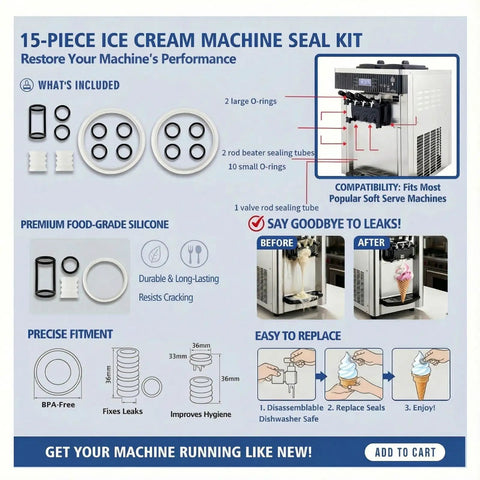 Soft Serve Ice Cream Machine Parts Kit 15-Piece Replacement Set With Gaskets O-Rings And Seals For Vevor And YIKAFU Ice Cream Makers, packaging and components displayed.
