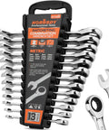 Heavy Duty 13 Piece Metric Ratchet Wrench Set With 72 Tooth Gear And 5 Degree Swing For Tight Spots Chrome Vanadium Steel Construction Wrenches From 6mm To 19mm Includes Handy Storage Rack, 13-piece set on rack