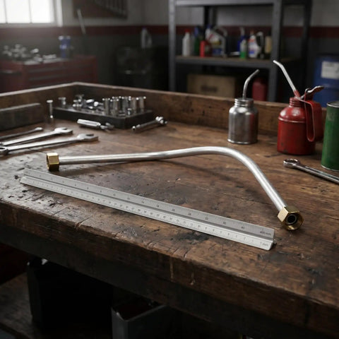 Slick 16mm Inner Diameter Air Compressor Hose Exhaust Tube With 11mm Stepped Outlet on a workbench with tools.
