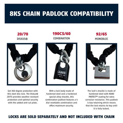 Compatibility of Squared Link Security Chain 10 Foot Long 5 Sixteenth Inch Thick Heavy Duty Lock Chain with various padlocks.