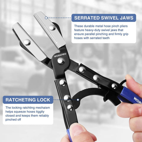Ratcheting Hose Pinch Off Pliers With Locking Grip Beefy Ten Inch Heavy Duty Steel Tool showing serrated swivel jaws and ratcheting lock.
