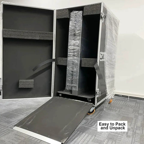 Sleek Eighty Inch Led Poster With P1.86 Razor Sharp Resolution And Rugged Flight Case For Event Rentals Weddings And Commercial Displays showing unpacked case.