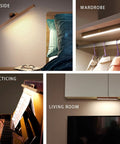 Wooden Vanity Light Bar With 360 Degree Magnetic Rotatable LED USB Rechargeable And Battery Powered Dimmable Warm White Lighting For Makeup Mirror Bedroom Or Bathroom Vibes Brown Finish illuminated in various settings like bedside, wardrobe, practicing piano, and living room.