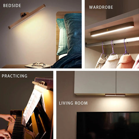 Wooden Vanity Light Bar With 360 Degree Magnetic Rotatable LED USB Rechargeable And Battery Powered Dimmable Warm White Lighting For Makeup Mirror Bedroom Or Bathroom Vibes Brown Finish illuminated in various settings like bedside, wardrobe, practicing piano, and living room.