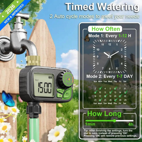 Plug And Play Sprinkler Timer For Your Yard: Programmable Digital Hose Timer With Rain Delay, Manual And Automatic Watering Outdoor Waterproof Irrigation Controller With Brass Inlet One Outlet attached to faucet