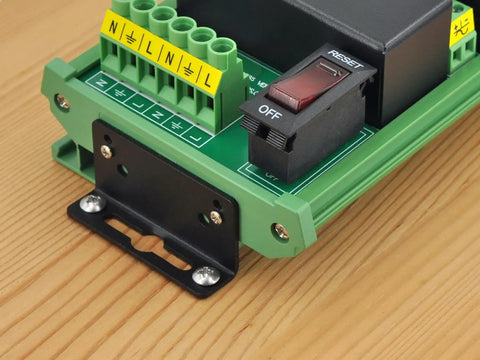 4 Channel IoT Relay Outlet Module For AC Power With Built In 10A Relays, DIN Rail Or Screw Mounting, Plug And Play Controller Integration With Arduino Raspberry Pi ESP32, Reliable Home Automation And Industrial Projects. Green screw-mount AC relay module with reset switch