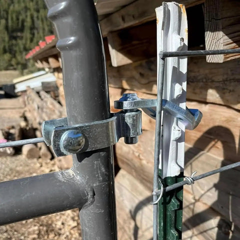 Close-up of Heavy Duty T Post Gate Hinge Pins Built Tough For Farm Gate Garden Fence And Backyard Gate Steel Silver Pins Installed
