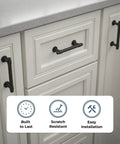 Francisco 10 Pack Cabinet Pulls 3 Inch Center To Center Matte Black Handles installed on white kitchen cabinets