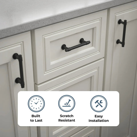 Francisco 10 Pack Cabinet Pulls 3 Inch Center To Center Matte Black Handles installed on white kitchen cabinets