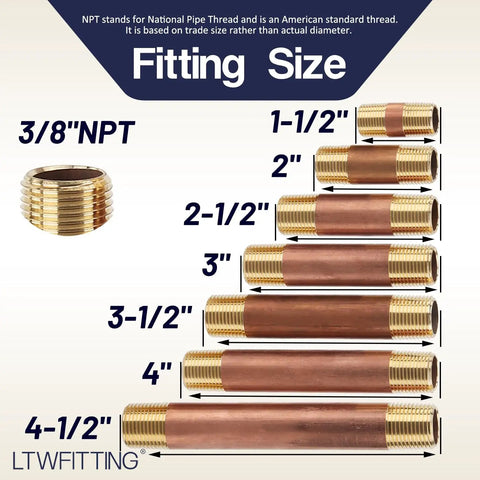 Image of Brass Pipe Nipple Assortment Kit with long nipples from 1-1/2 in to 4-1/2 in, 3/8 in male NPT, pack of 26, side view.