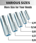 Drop-In Anchors Set, 50 Pc, 1/2 Inch By 13 Zinc-Plated For Concrete, internal forced expansion screws shown in various sizes.
