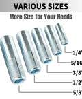 Heavy Duty Drop-In Anchors For Concrete, 50 Pack, Three Eighths Inch Diameter, 16 Thread, Zinc Plated For Durability, Internal Forced Expansion For Solid Concrete, Easy Install shown in various sizes including 1/4", 5/16", 3/8", 1/2", 5/8".