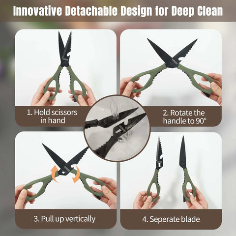 All-Purpose Kitchen Scissors With Extra Sharp Blades, Built-In Knife Sharpener And Sheath, Stainless Steel Anti-Rust Black Titanium Plated, Dishwasher Safe, Heavy Duty Shears For Poultry Meats And Everyday Cutting, Green, detachable blades demo