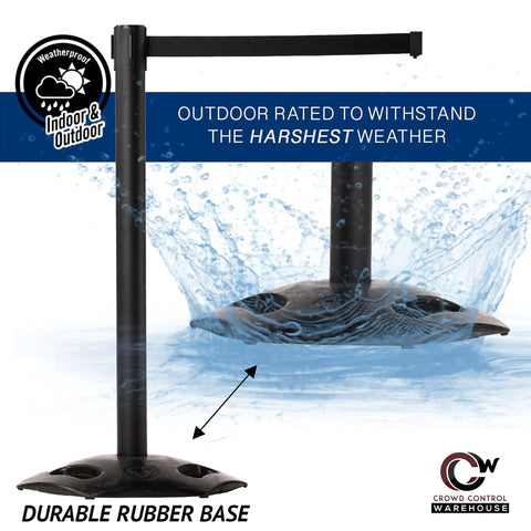 Outdoor Safety Stanchions Set Of 2 With Rubber Base And 11 Foot Yellow Black Diagonal Belt, Retractable Barrier System