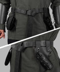 Epic Seven Piece Renaissance Costume Set For Men with faux leather belt, bracers, and cape detail view