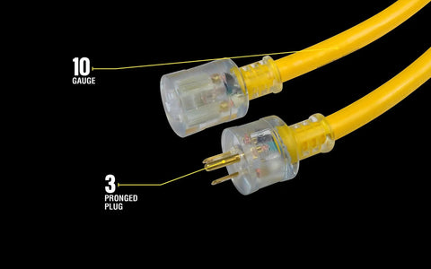 Heavy Duty 50 Foot Outdoor Extension Cord With Lighted End For Safety Waterproof SJTW 10 3 High Visibility Yellow Jacket
