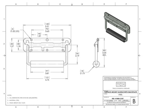 Technical drawing of Spring Loaded Surface Mount Handle In Steel With Padded Rubber Grip For Heavy Duty Lifting, Retracts When Not In Use.