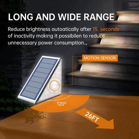 Motion Sensor Solar Waterproof LED Lights For Outdoor Stairs And Pathways showing wide range and motion detection