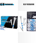 Comparison of new and old packaging for Three Prong Plastic Golf Tees 3-1/4 Inch Assorted Pack 100 Or 120 Count.
