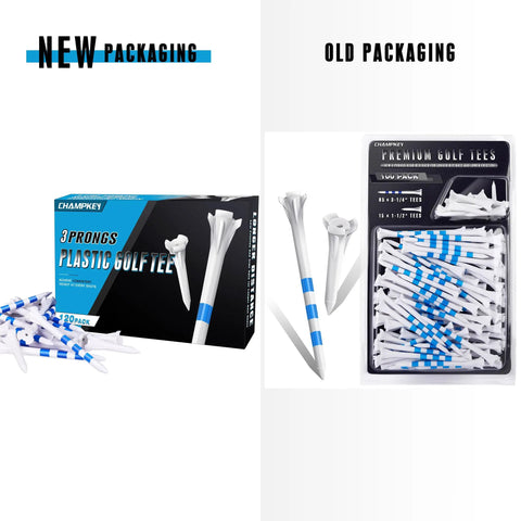 Comparison of new and old packaging for Three Prong Plastic Golf Tees 3-1/4 Inch Assorted Pack 100 Or 120 Count.