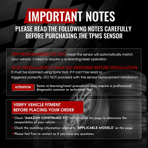 Important notes about the Preprogrammed Tpms Tire Pressure Sensors Fit Gm Trucks And Suvs 433 Mhz Monitoring Kit installation.